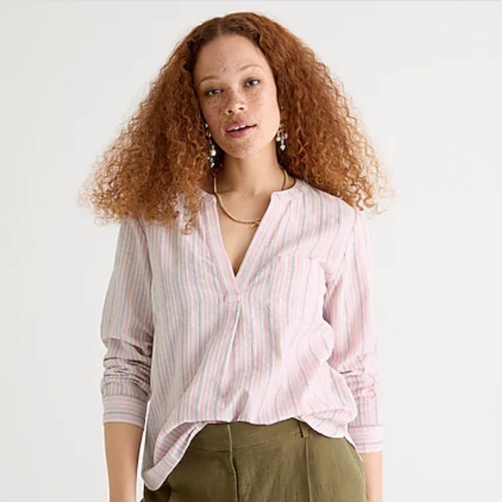J-Crew V- neck cotton poplin long-sleeve popover in stripe